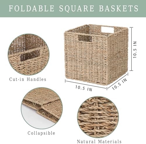 10.5 x 10.5in Cube Seagrass Storage Baskets, Foldable Square Wicker Storage Baskets for Shelves Set of 3, Large Cubby Rattan Basket, Collapsible Cube Storage Bins - Image 3
