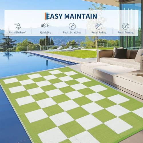 GarveeHome Large Outdoor Rug 9 x 18 Waterproof Modern Checkboard Plastic Straw Rug, Foldable Reversible Camping Mat, UV-Resistant Geometric Plaid Woven Carpet for Picnic, Deck, Green White - Image 4