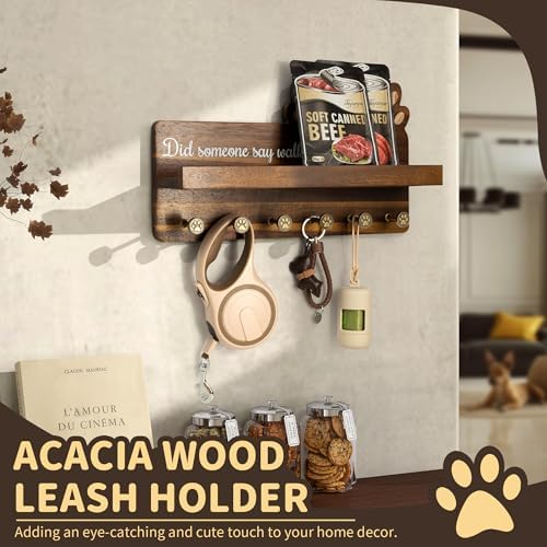 MTERSN Acacia Wood Dog Leash Holder for Wall with Wall Shelf, Dark Brown - Image 4