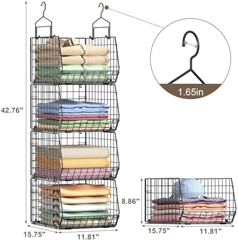 4" Extra Deeper Hanging Closet Organizers and Storage,4 Tier Foldable Wire Cabinet Shelves with 5 S Hooks,Small Metal Basket Bins for Clothes Sweaters Handbags, Wardrobe for Kitchen Laundry Room，Black - Image 3