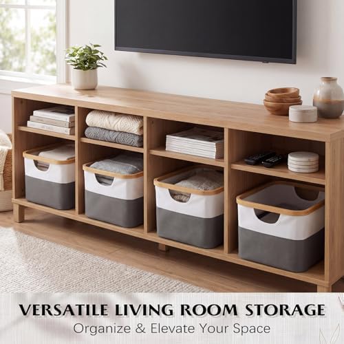 Hushee 4 Pack Bamboo Fabric Storage Bins for Shelves, 15"x10"x7.9" Collapsible Storage Baskets for Organizing, Two-Tone Foldable Bins for Clothes, Towels, Linens(White with Grey) - Image 6