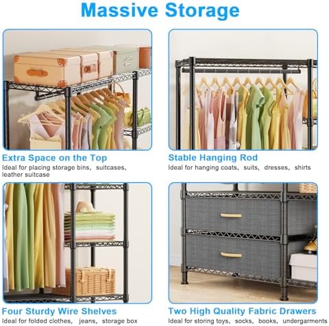 Ulif F3 Heavy Duty Clothes Rack（With Fabric Drawers）Freestanding Clothing Racks for Hanging Clothes，Adjustable Closet Organizer System，Portable Garment Rack 40" W x 15" D x 72" H，Max Load 700LBS，Black - Image 6