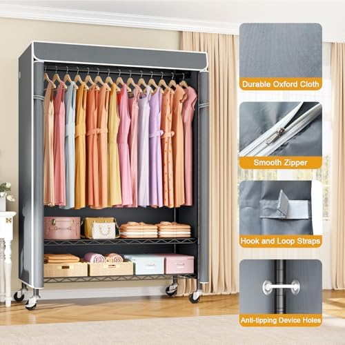 ULIFHOME P6C Plus Rolling Clothes Rack with Cover, Covered Clothing Rack - Image 6