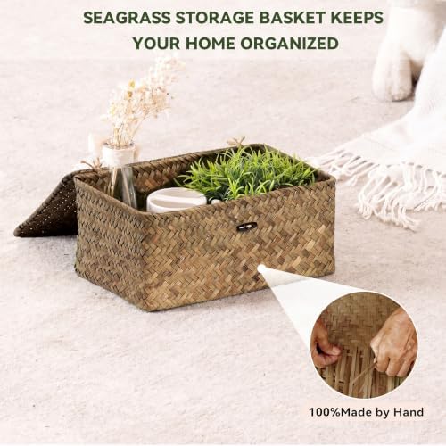 Nonam Wicker Storage Basket with Lid,Seagrass Shelf Basket Set of 3,Coffee - Image 4