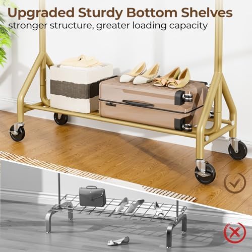 HYSEYY Heavy Duty Clothes Rack Load 450 LBS, Metal Garment Rack, Standing Rolling Clothing Rack for Hanging Clothes with Sturdy Wheels & Shelves, Portable Closet Wardrobe Rack,Gold - Image 5