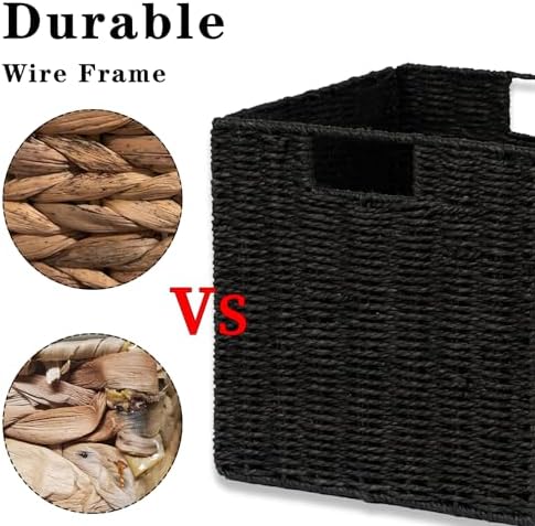 Vagusicc Wicker Storage Basket, Set of 2 Hand-Woven Wicker Basket, Foldable Cube Storage Bin, Black Storage Basket, Square Storage Baskets for Organizing Shelves & Decor, Black (11″×11″×11″) - Image 3