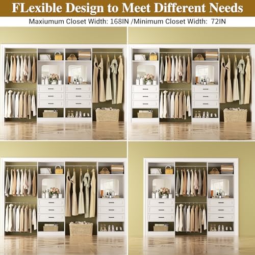 Unikito 6-14FT Wood Closet System with 6 Drawers and Mirror, White - Image 3
