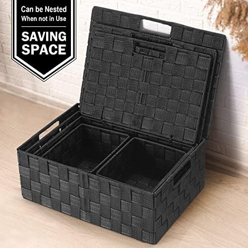 Storage Baskets with Lids: 5 Pack Stackable Woven Storage Bins, Black - Image 7