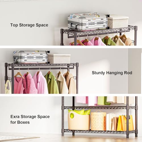 M MZG Heavy Duty Rolling Garment Rack 3 Tiers Adjustable Wire Shelving Clothes Rack with 1 Rods and Side Hooks,Storage Closet Clothing Rack Grey 15.7" D x 45.3" W x 72.4" H - Image 3