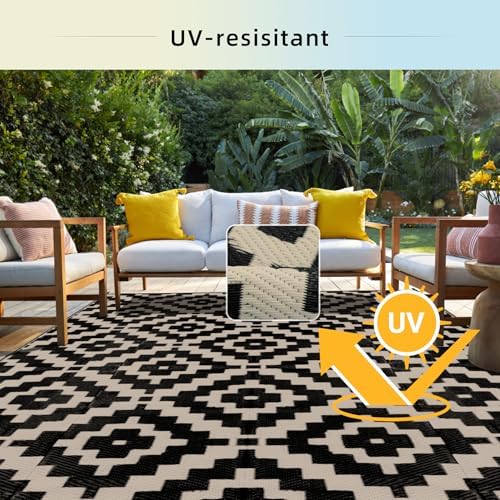 Favoyard Outdoor Rug Black & Beige 8x10 ft Waterproof Reversible Carpet Mat - Image 3