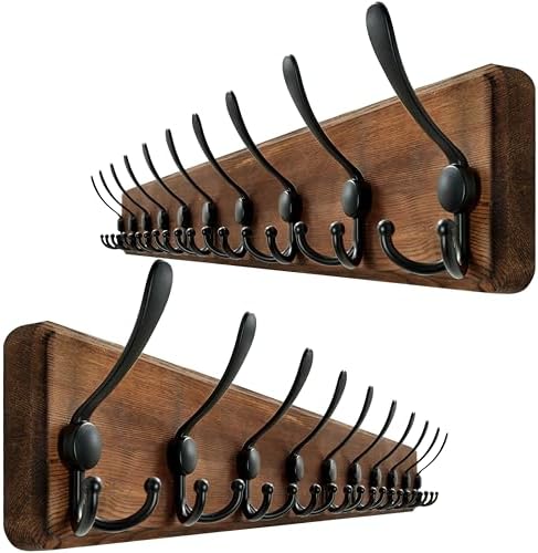 WEBI Coat Rack Wall Mount,38 9/16" Long,10 Hooks,Wood Coat Hooks Wall Mounted Coat Hanger Wall Hook Rack,Triple Hooks for Hanging Coats,Clothes,Jacket,Brown,2 Packs by WEBI