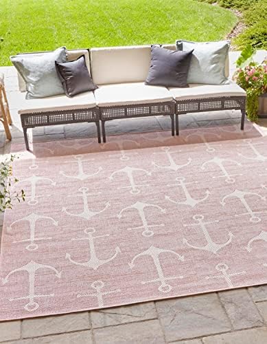 Unique Loom Outdoor Coastal Collection Area Rug - Ahoy (13' Square, Pink/ Ivory) by UniqueLoom