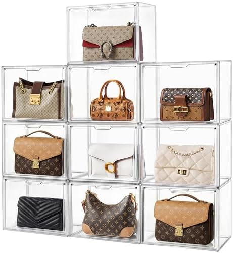 HBlife Purse Storage Organizer for Closet, Clear Stackable Handbag Display Case Box with Magnetic Door for Collectibles, Cosmetics, Women Heels and Toys, Large, 10 Pack by HBlife