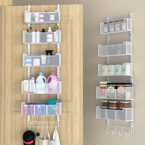 VyGrow Over The Door Organizer, Metal Door Organizer Hanging with 5 Adjustable Baskets and Coat Hook, Behind The Door Storage for Bedroom Closet Bathroom Pantry Cabinet Kitchen, White by VyGrow
