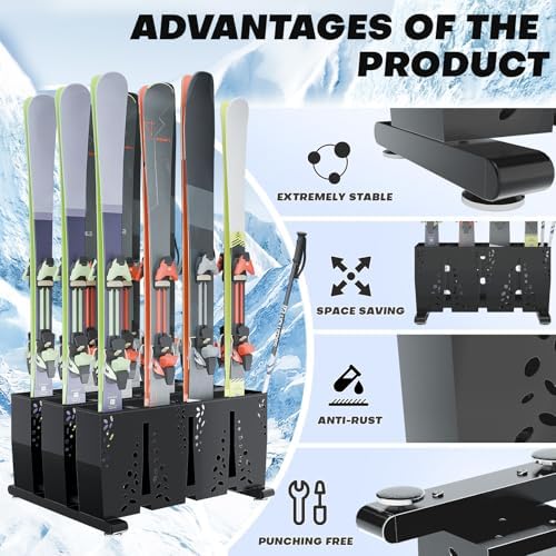 TOCRETOARE Ski Storage Rack for Garage, 12 Pair Heavy Duty Steel Freestanding Ski Storage Organizer, Indoor Ski Holder Racks for Home and Garage Storage - Image 5