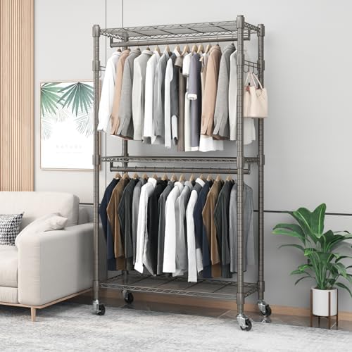 BATHWA Clothes Racks for Hanging Clothes, 35.5" W x 16.5" D x 80.7" H, Rolling Tall Heavy Duty Wardrobe Rack with Shelves & Wheels Metal Freestanding Multifuctional for Bedroom Laundry balcony, Grey - Image 6