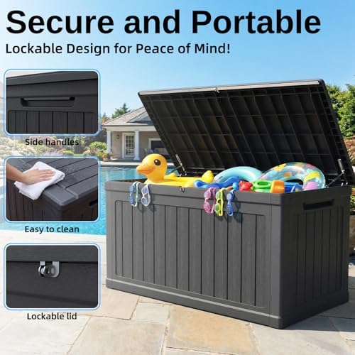 270 Gallon Deck Box, Resin Outdoor Indoor Waterproof Storage Box, Lockable Storage Box With Handle for Patio Furnitures - Garden Tools - Swimming Pool Tools UV - Resistant (Black) - Image 5