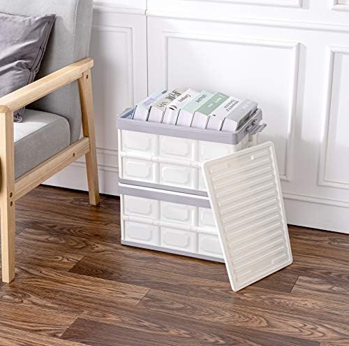 Collapsible Storage Bins with Lids 30L, Folding Plastic Stackable Utility Crates 2-Pack, Durable Containers for Home & Garage Organization - Oyster White - Image 6