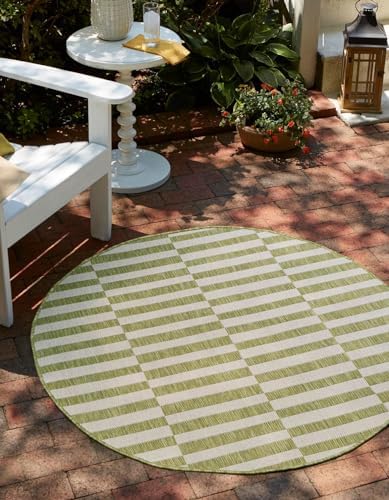 Unique Loom Outdoor Striped Collection Area Rug - Striped (5' 1" Round Green/Ivory) by UniqueLoom