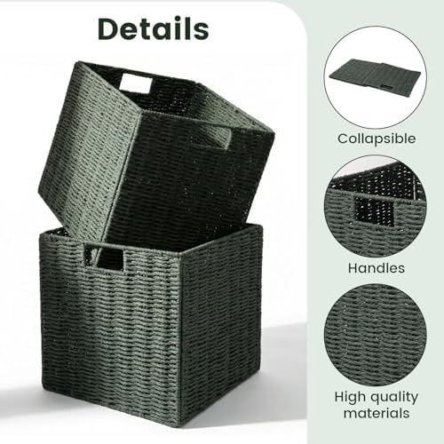 Set of 2 Hand-Woven Paper Rope Wicker Baskets, Storage Basket, Foldable Cube Storage Bins, Green Storage Cubes, Square Baskets for Organizing Shelves, 12x12x12in - Image 2