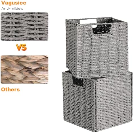 Vagusicc Wicker Storage Basket, Set of 2 Hand-Woven Storage Baskets for Shelves with Handles, Foldable Cube Storage Baskets Bins Organizer 13 inch Large Wicker Baskets for Pantry Bedroom Decor, Grey - Image 3