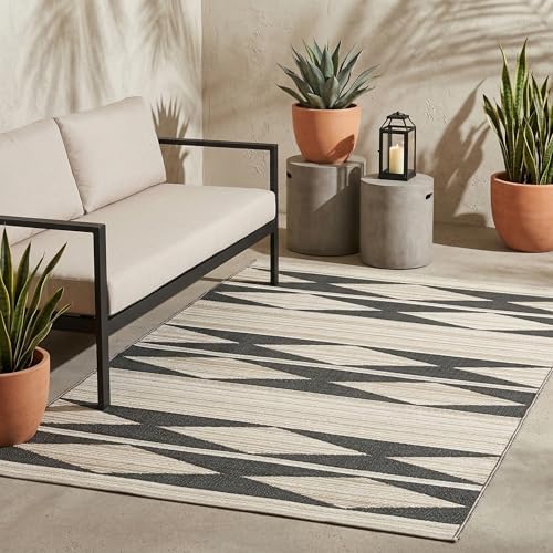 Fab Habitat Outdoor Rug - Waterproof, Fade Resistant, Crease-Free - Premium Recycled Plastic - Neutral Geometric Tribal - Large Patio, Deck, Sunroom, Camping, RV - Cairo - Natural & Black - 6 x 9 ft by FabHabitat