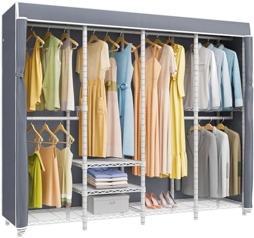VIPEK V40C Covered Clothing Rack Heavy Duty with Cover, Custom Freestanding Closet with Adjustable Shelves Portable Wardrobe for Bedroom, White Metal with Grey Cover by VIPEK