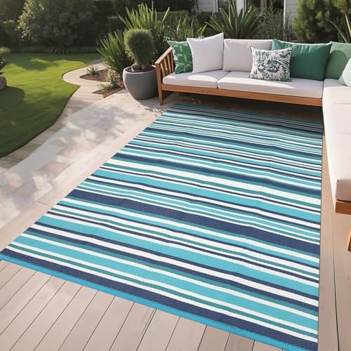 GAOMON 9x12 Large Outdoor Rug Waterproof for Patio Plastic Straw Rug Geometric Stripe Outside Carpet Modern Lines Outdoor Rugs for Deck Trailer Beach, Dark Blue/Bright Blue/Light Blue/White by GAOMON