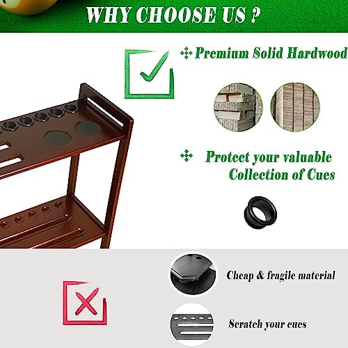 Pool Stick Holder Floor Stand Holds 9 Cues & Pool Table Accessories. Wooden 2-Tier Cue Stick Storage with Ball Rack Hangers, Billiard Cone Chalk Holder or Drink Pads - Image 3