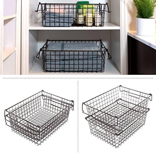 Home-Complete 2 pcs Large Stackable Wire Baskets, 16"x12" Organizer Stacking Storage Bins for Shelf, Pantry, Kitchen, Cabinets, can also be used in Chest Freezers (Brown) - Image 5