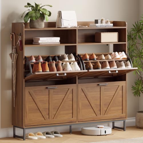 Xixini Shoe Storage Cabinet with 4 Flip Drawers, Entryway Shoe Rack, Walnut by Xixini