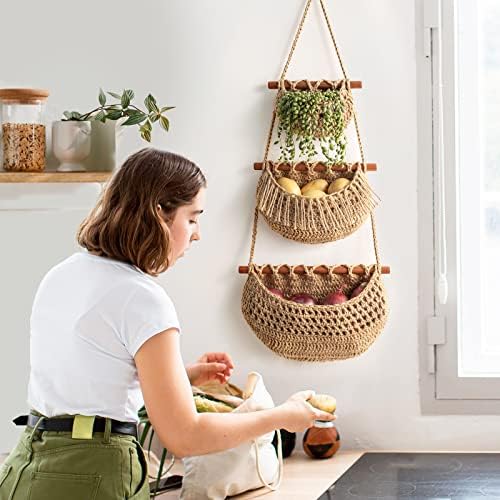 3 Tier Hanging Fruit Baskets for Kitchen, Handmade Jute Organizer - Image 2