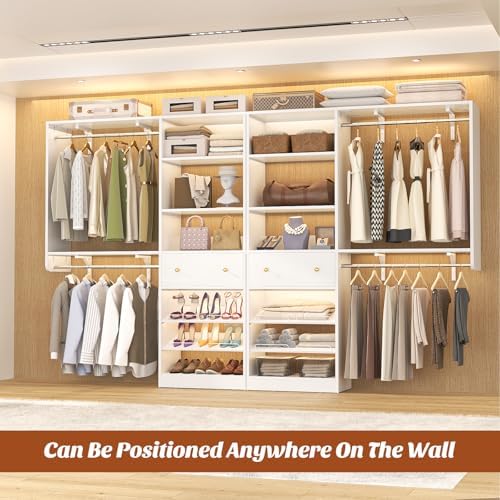 [10 FT Closet System] 120 Inch Reversible Set of 2 Wood Closet Organizer System with 2 Drawers, 4 Hanging Rods Adjustable Shelf, Walk In Closet Organizers with Shoe Rack, Garment Rack, White - Image 2