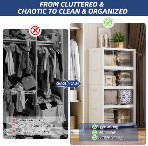 SAILUN 424QT/106Gal Stackable Storage Bins with a Lid, Collapsible Storage Bins With Doors, Folding Cabinet for Home Closet Organization,4 Pack-26 W x 16.5" D x 57.1" H White - Image 2