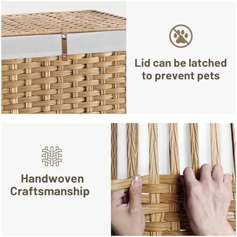 180L Wicker Storage Basket with Lid, Handwoven Rattan Large Shelf Basket with Removable Liner, 47.6 Gallon Wicker Basket for Blanket, Storage Trunk with Handle for Closet, Bedroom, Livingroom, Natural - Image 4