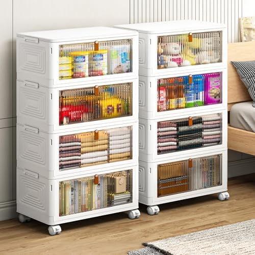 4 Tier Plastic Storage Bins with Lids 35QT, Stackable Storage Containers with Wheels, Folding Storage Boxes, Collapsible Storage Bins, Closet Organizers and Storage for Living Room,Office,Dorm - Image 2