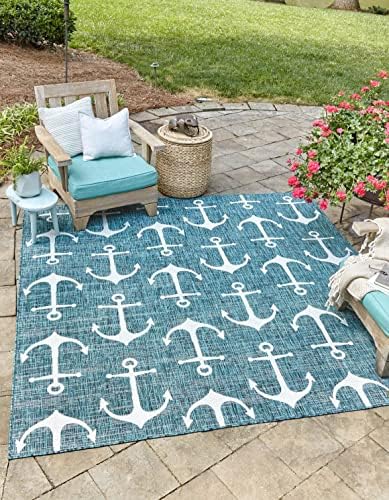 Unique Loom Outdoor Coastal Collection Area Rug - Ahoy (13' Square, Teal/ Ivory) by UniqueLoom