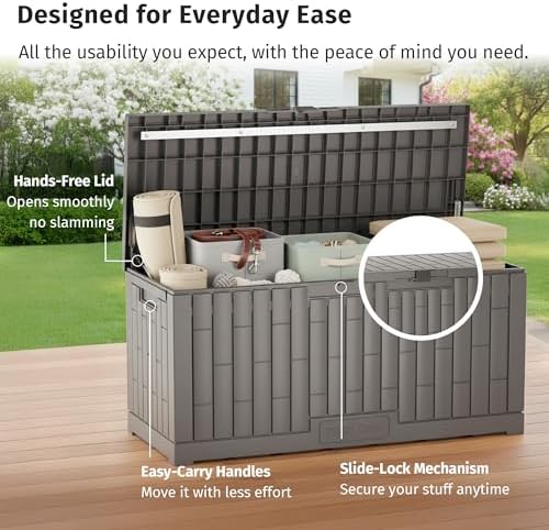 EAST OAK 120 Gallon Outdoor Storage Box | Large Resin Deck Box with Reinforced Stainless Steel Support | Waterproof & UV-Resistant Patio Storage Box for Cushions, Garden Tools & Accessories, Grey - Image 4