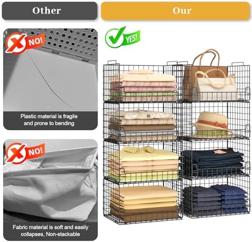 4-Tier Stackable Closet Organizers and Storage Basket - Foldable Closet Shelf Organizer System, Sturdy Metal Space-Saving Clothes Storage Bins for Wardrobe, Black - Image 3