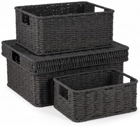 Wicker Storage Basket with Lid for Shelves, 3-Basket Set, Black by GANLUX