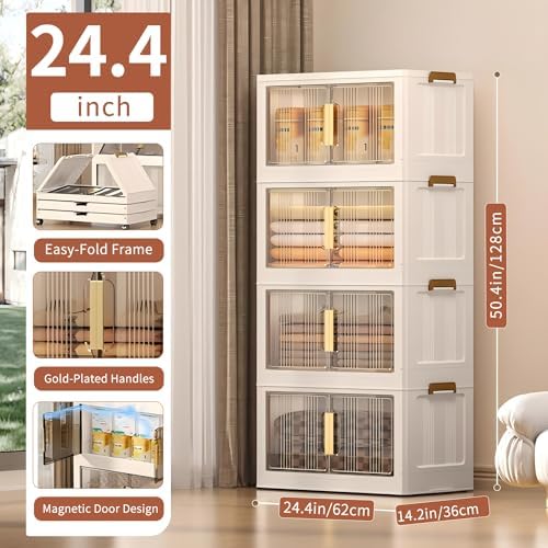 Storage Bins with Lids, 4 Tier 240 QT Stackable Plastic Storage Bins, Foldable Storages Boxes with Magnetic Doors and Wheels for Clothes, Snacks, Books, Folding Containers for Home Office - Image 2