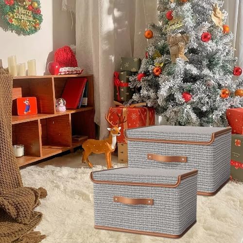 Tuza 4 Pack Storage Bins with Lids, Collapsible Closet Organizer Container, Fabric Organizer Box with Handles, Decorative Storage Boxes with Lids for Organizing Clothes, Books, Light Grey, Large - Image 3
