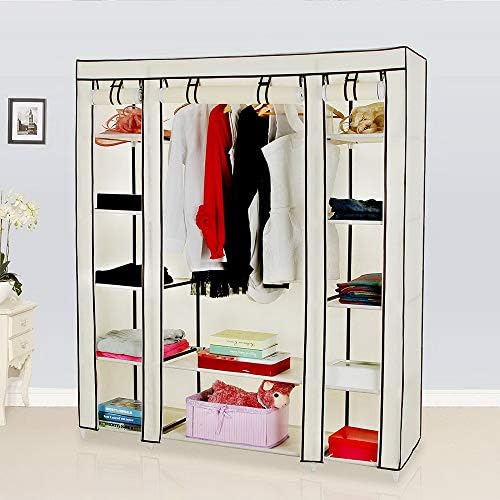 Knocbel Portable Closets Freestanding Closet Organzier Clothes Garment Rack Dustproof & Waterproof Fabric Cover with Storage Shelves & 1 Hanging Rod, 58" W x 17" D x 68.9" H Beige - Image 5