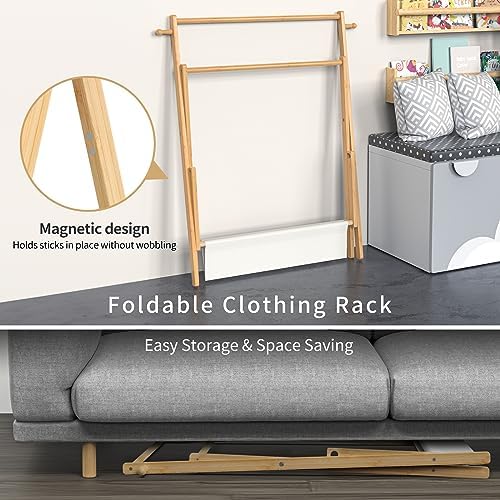 BAMBOOHOMIE Kids Clothing Rack, Small Clothes Rack for Toddler Pets, Kids Dress Up Rack with Storage Shelf & Double Rods, Foldable Kids Clothes Rack for Nursery Child's Room (Regular Size) - Image 3