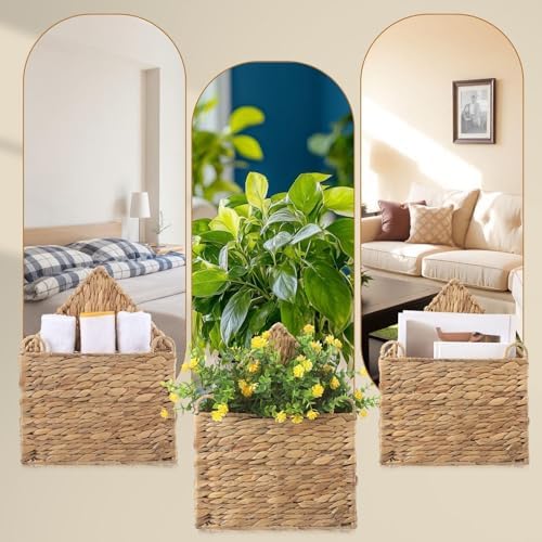 Wicker Magazine Holder Wall Basket Hanging Wall Mount Mail Rack Holder Storage Water Hyacinth House Shaped Woven Hanging Basket for Books & Files with Handle Home Office, 13.8 x 11 Inch - Image 5
