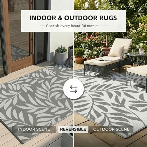 wikiwiki 8x10ft Outdoor Rug, Reversible Plastic Patio Rug Waterproof, Indoor Outdoor Carpet Clearance, Large Area Carpet for Patio Deck Balcony Pool RV Camping Beach Picnic, Grey Big Leaves - Image 4