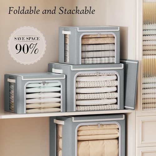 Yecaye Stackable Clothes Storage Bins with Lid, Grey, 40L, 6 Pack - Image 4