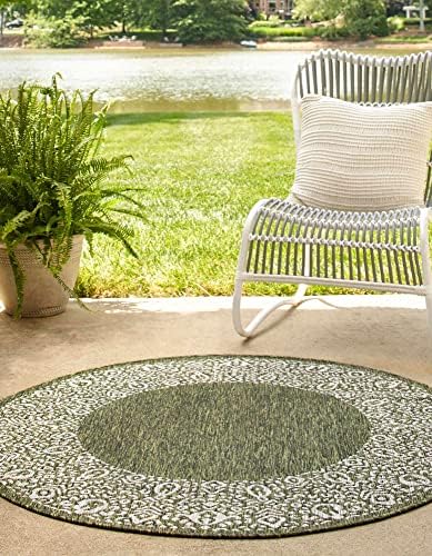Unique Loom Outdoor Border Collection Area Rug - Floral Border (5' 3" Round, Green/ Ivory) - Image 4