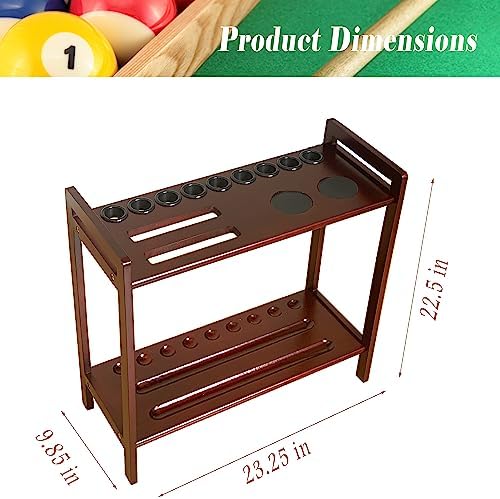 Pool Stick Holder Floor Stand Holds 9 Cues & Pool Table Accessories. Wooden 2-Tier Cue Stick Storage with Ball Rack Hangers, Billiard Cone Chalk Holder or Drink Pads - Image 6