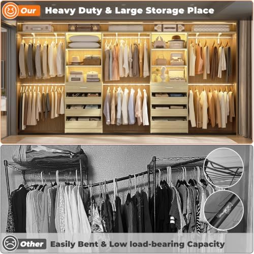 Aheaplus Closet System with Drawers Set of 2, Wood Closet Organizer System with 8 Hanging Rods & Top Shelves, Walk-in Closets Organizer Wardrobe Clothes Rack, Cut Fits Spaces 4-9FT. Wide, White Oak - Image 6